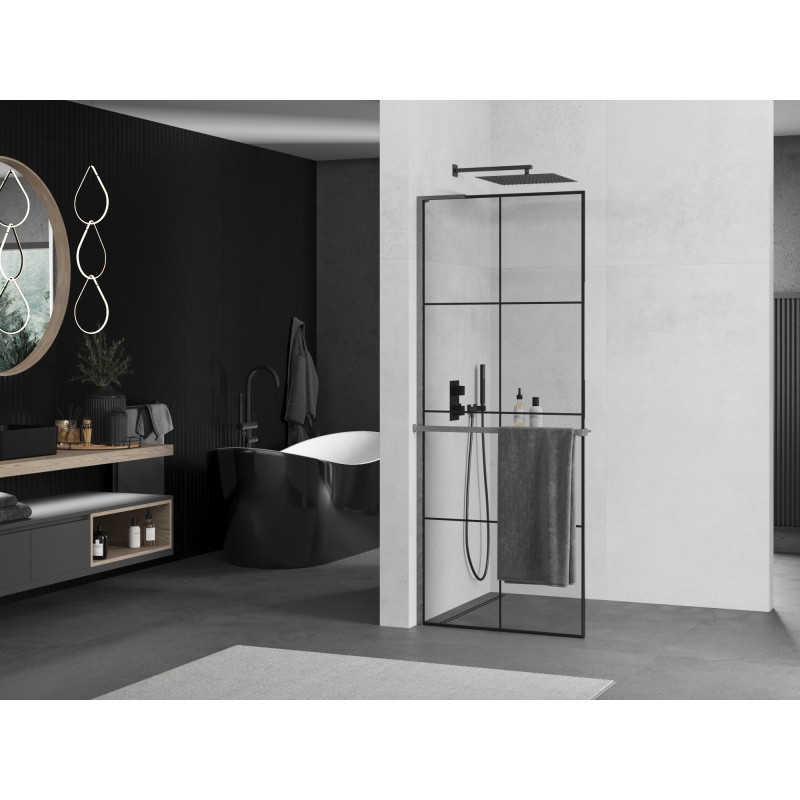 Mexen Kioto+ L zidna pregrada za tuš s policom Walk-in 80 x 200 cm, crna mrežica, četkani gun gray - 800-080-123-66-77