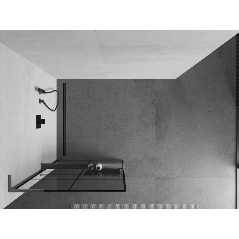 Mexen Kioto+ L zidna pregrada za tuš s policom Walk-in 80 x 200 cm, crna mrežica, četkani gun gray - 800-080-123-66-77