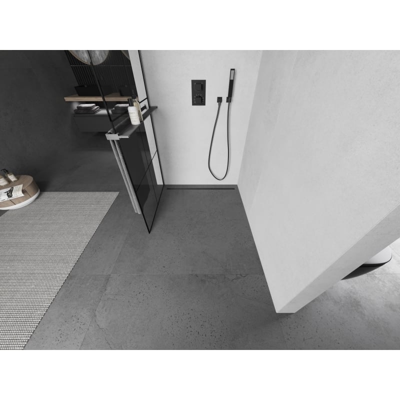 Mexen Kioto+ L ścianka prysznicowa z półką Walk-in 90 x 200 cm, czarna kratka, gun gray szczotkowany - 800-090-123-66-77