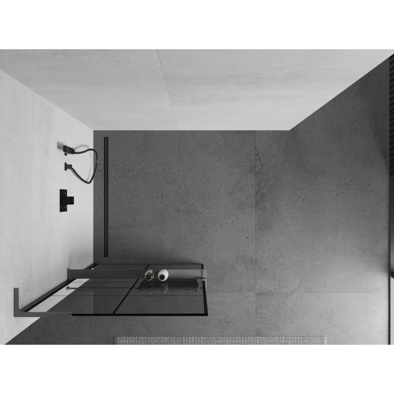 Mexen Kioto+ L ścianka prysznicowa z półką Walk-in 90 x 200 cm, czarna kratka, gun metal - 800-090-123-95-77