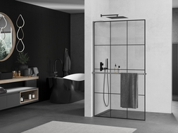 Mexen Kioto+ L Duschwand mit Ablage Walk-in 120 x 200 cm, schwarzes Gitter, Gun Metal - 800-120-123-95-77