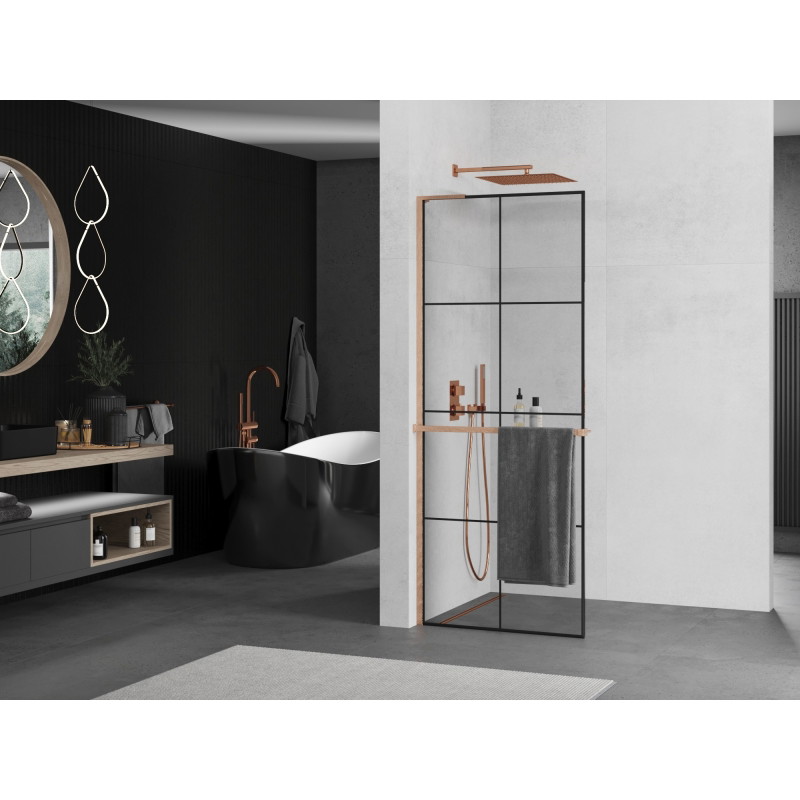 Mexen Kioto+ L dušisein riiuliga Walk-in 90 x 200 cm, must ruudustik, harjatud vask - 800-090-123-65-77