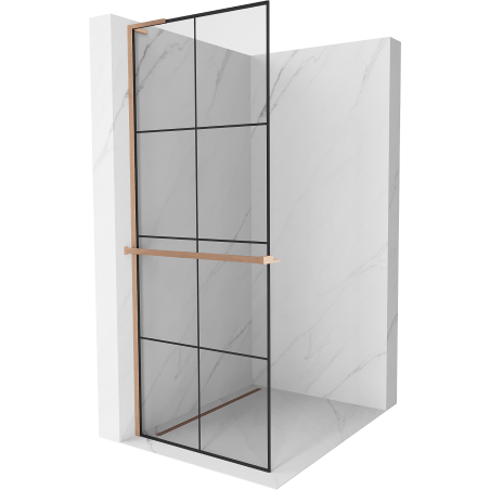 Mexen Kioto+ L dušisein riiuliga Walk-in 90 x 200 cm, must ruudustik, harjatud vask - 800-090-123-65-77