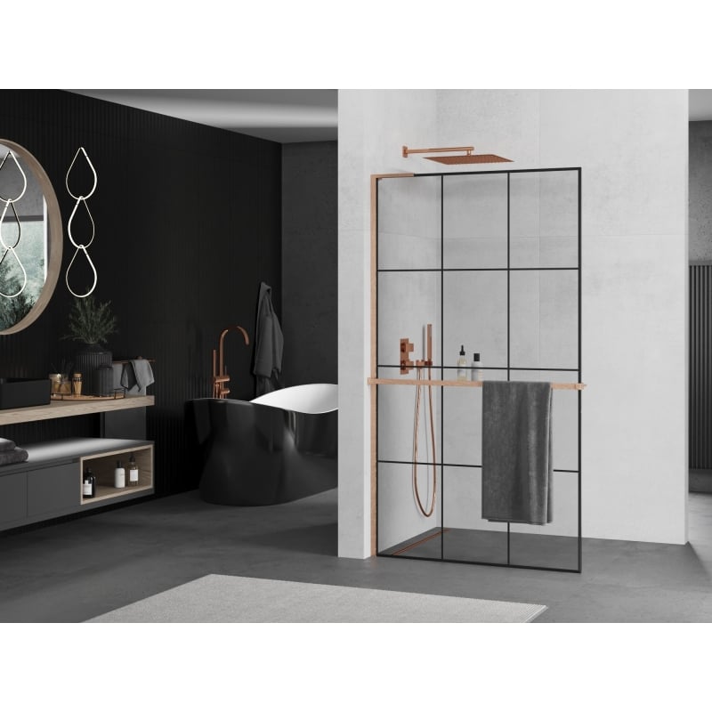 Mexen Kioto+ L ścianka prysznicowa z półką Walk-in 100 x 200 cm, czarna kratka, miedź szczotkowana - 800-100-123-65-77