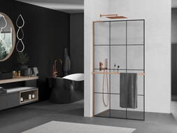 Mexen Kioto+ L ścianka prysznicowa z półką Walk-in 100 x 200 cm, czarna kratka, miedź szczotkowana - 800-100-123-65-77