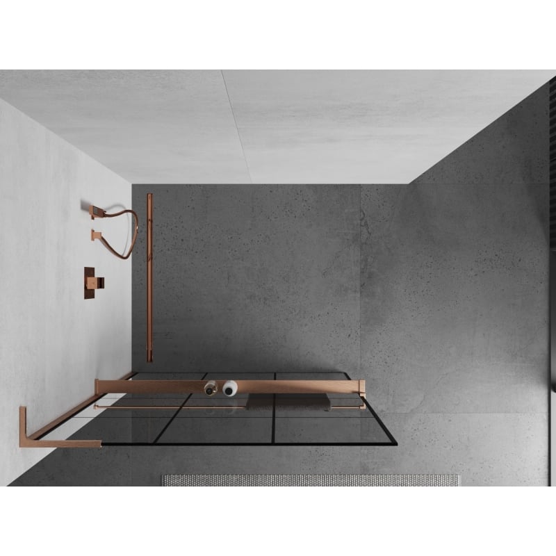 Mexen Kioto+ L ścianka prysznicowa z półką Walk-in 100 x 200 cm, czarna kratka, miedź szczotkowana - 800-100-123-65-77