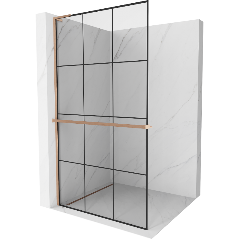 Mexen Kioto+ L parede de duche com prateleira Walk-in 120 x 200 cm, grade preta, cobre escovado - 800-120-123-65-77