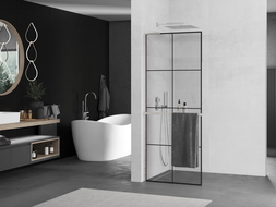 Mexen Kioto+ L Duschwand mit Regal Walk-in 70 x 200 cm, schwarzes Gitter, gebürsteter Nickel - 800-070-123-97-77