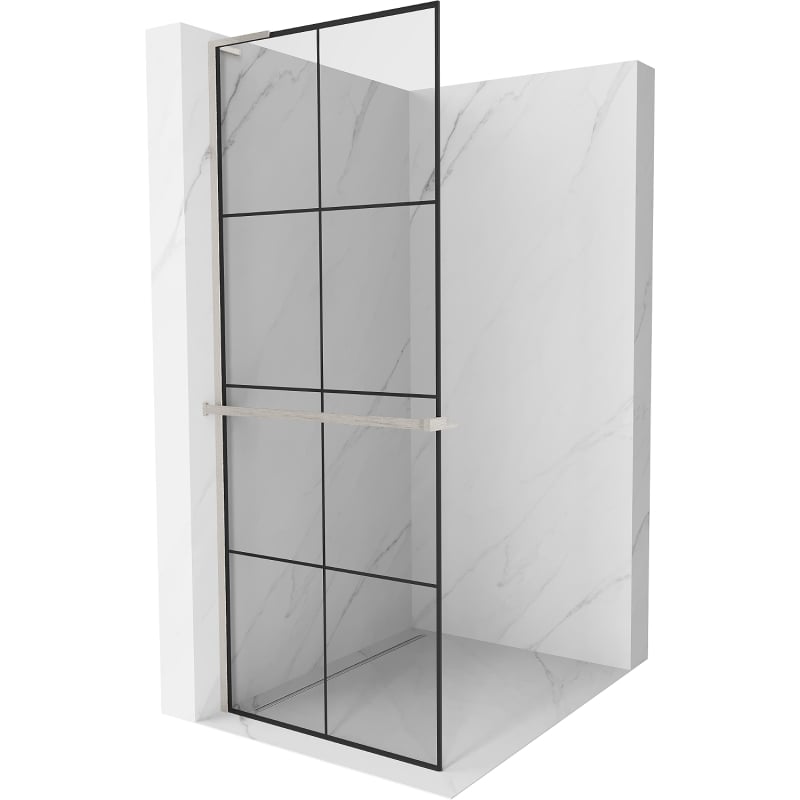 Mexen Kioto+ L zid tuš kabine s policom Walk-in 90 x 200 cm, crna rešetka, brušeni nikal - 800-090-123-97-77
