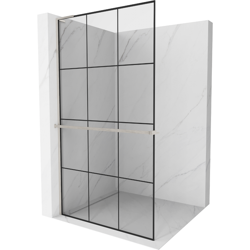 Mexen Kioto+ L Duschwand mit Ablage Walk-in 110 x 200 cm, schwarze Gitter, gebürstetes Nickel - 800-110-123-97-77
