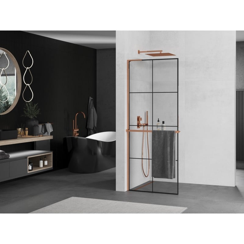 Mexen Kioto+ L parete doccia con mensola Walk-in 70 x 200 cm, griglia nera, oro rosa - 800-070-123-60-77