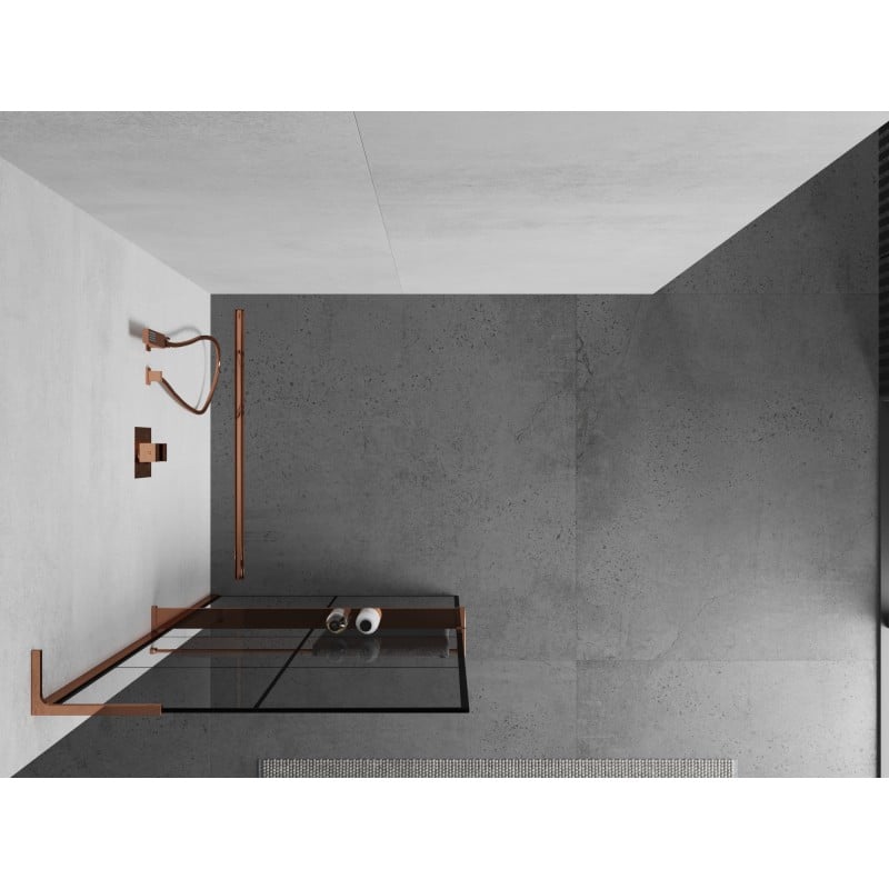 Mexen Kioto+ L ścianka prysznicowa z półką Walk-in 70 x 200 cm, czarna kratka, różowe złoto - 800-070-123-60-77