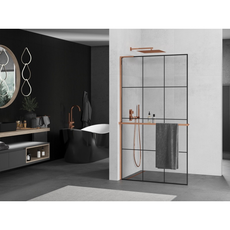 Mexen Kioto+ L dušisein koos Walk-in riiuliga 110 x 200 cm, must ruudustik, roosa kuld - 800-110-123-60-77