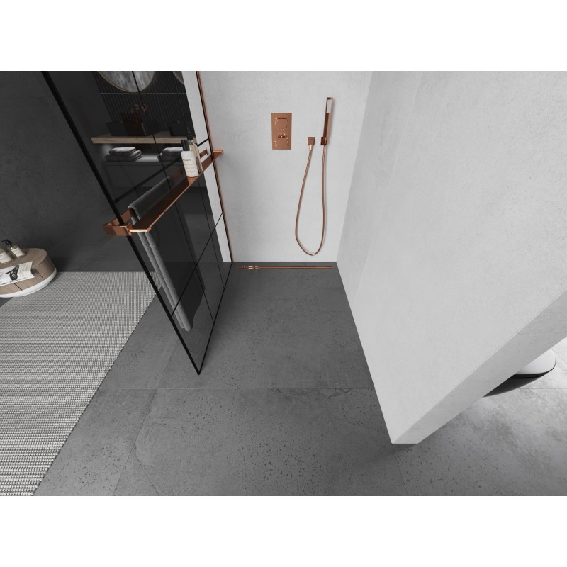 Mexen Kioto+ L dušisein koos Walk-in riiuliga 110 x 200 cm, must ruudustik, roosa kuld - 800-110-123-60-77