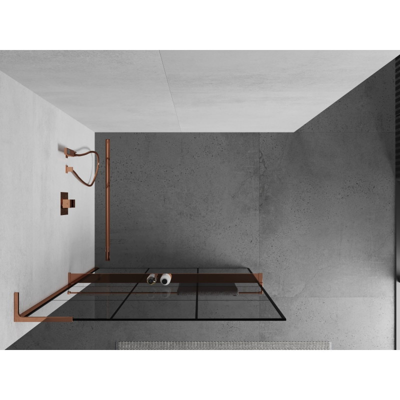 Mexen Kioto+ L dušisein koos Walk-in riiuliga 110 x 200 cm, must ruudustik, roosa kuld - 800-110-123-60-77