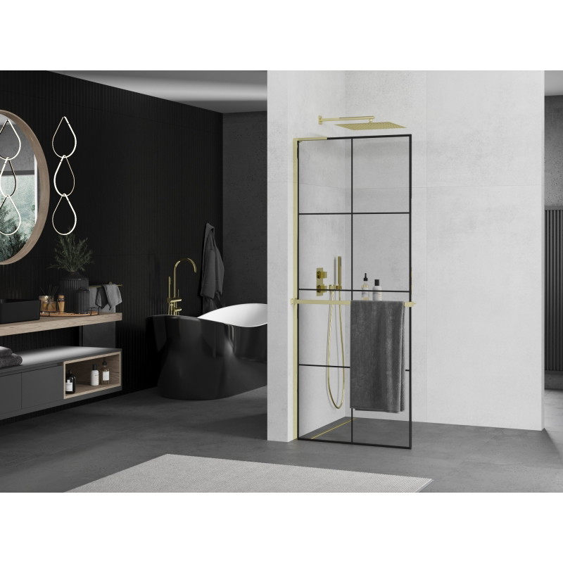 Mexen Kioto+ L dušisein riiuliga Walk-in 80 x 200 cm, must ruudustik, kuldne - 800-080-123-50-77