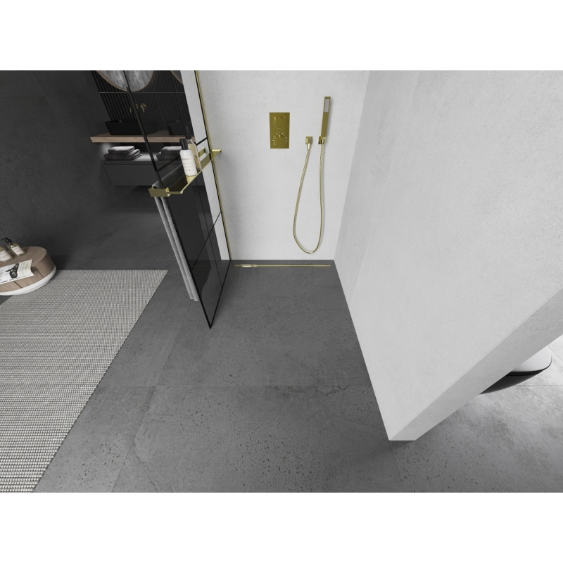 Mexen Kioto+ L dušisein riiuliga Walk-in 80 x 200 cm, must ruudustik, kuldne - 800-080-123-50-77