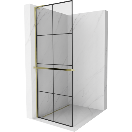 Mexen Kioto+ L ścianka prysznicowa z półką Walk-in 80 x 200 cm, czarna kratka, złota - 800-080-123-50-77