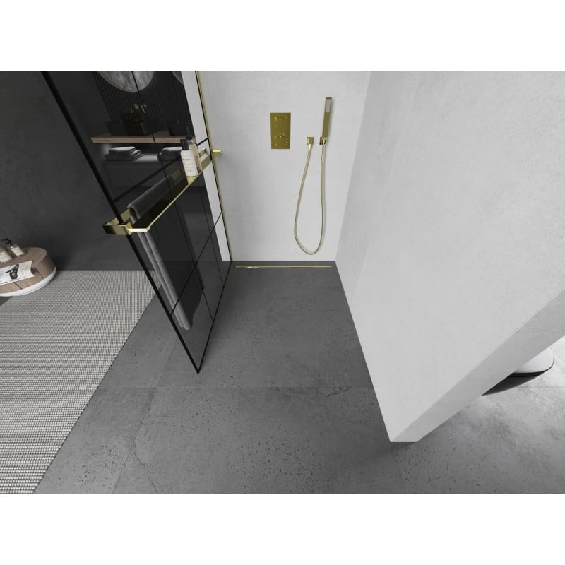 Mexen Kioto+ L panel de ducha con estante Walk-in 100 x 200 cm, rejilla negra, dorada - 800-100-123-50-77