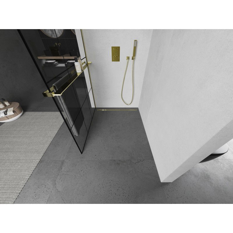 Mexen Kioto+ L pannello doccia con mensola Walk-in 100 x 200 cm, griglia nera, dorata - 800-100-123-50-77