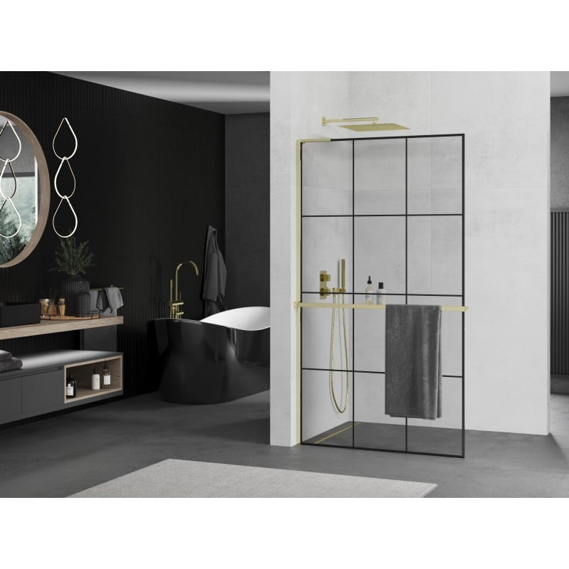 Mexen Kioto+ L Shower Wall with Shelf Walk-in 110 x 200 cm, Black Grid, Gold - 800-110-123-50-77