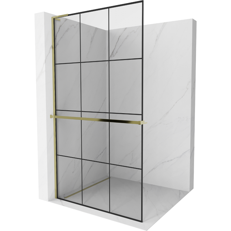 Mexen Kioto+ L Duschwand mit Regal Walk-in 110 x 200 cm, schwarz kariert, gold - 800-110-123-50-77