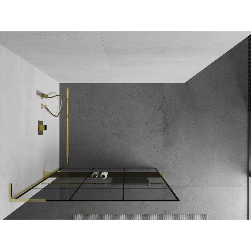 Mexen Kioto+ L Duschwand mit Ablage Walk-in 120 x 200 cm, schwarzes Gitter, gold - 800-120-123-50-77