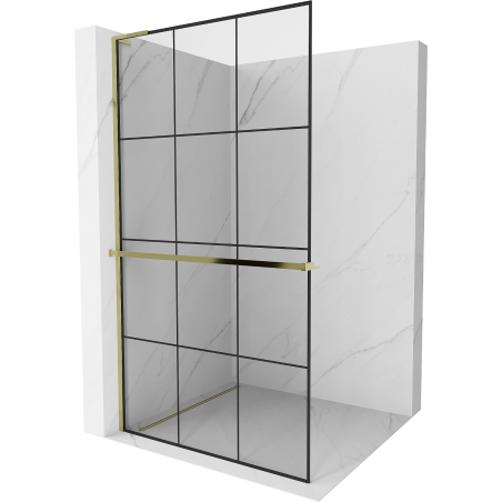 Mexen Kioto+ L Shower Wall with Shelf Walk-in 120 x 200 cm, Black Grid, Gold - 800-120-123-50-77
