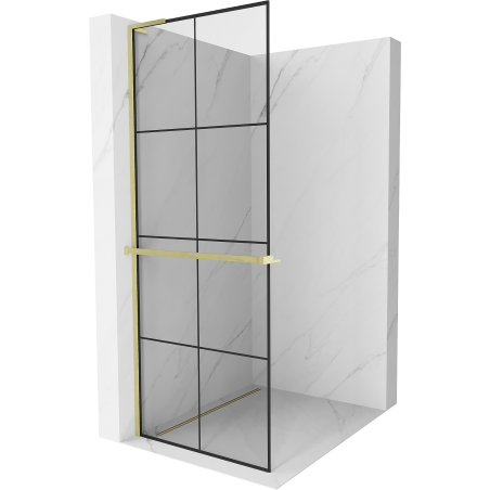 Mexen Kioto+ L Duschwand mit Ablage Walk-in 70 x 200 cm, schwarzes Gitter, gold gebürstet - 800-070-123-55-77