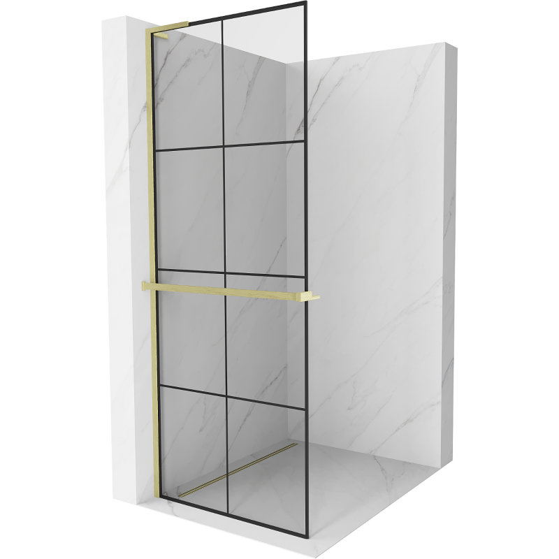 Mexen Kioto+ L ścianka prysznicowa z półką Walk-in 80 x 200 cm, czarna kratka, złota szczotkowana - 800-080-123-55-77
