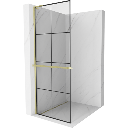 Mexen Kioto+ L shower wall with Walk-in shelf 80 x 200 cm, black grid, brushed gold - 800-080-123-55-77