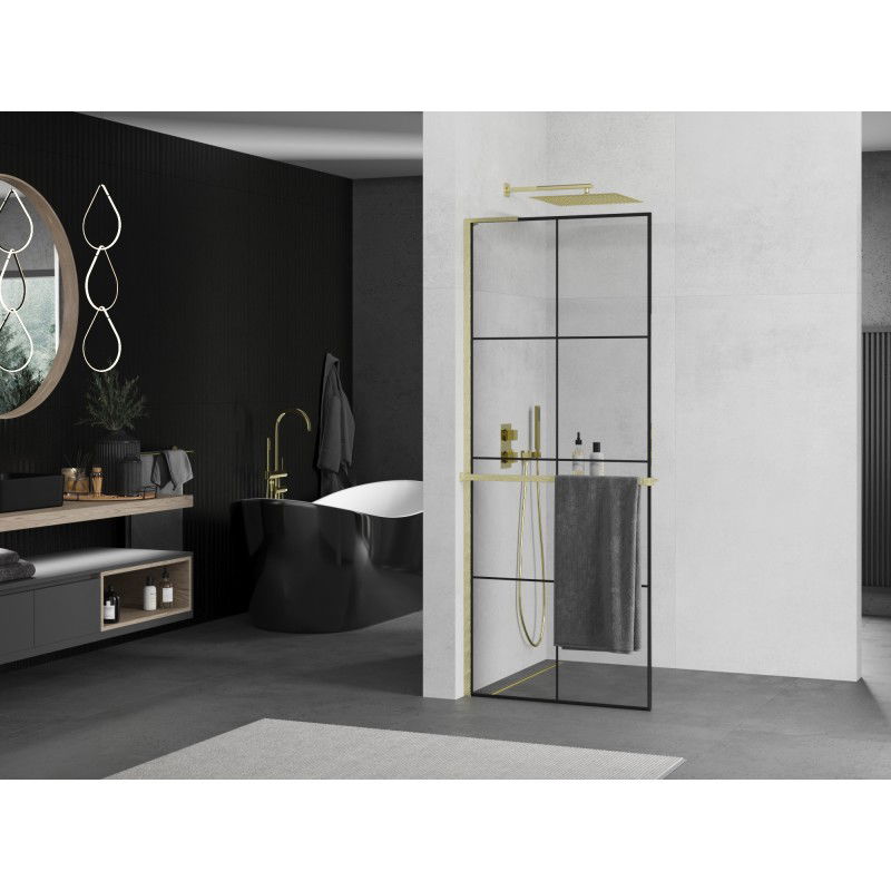 Mexen Kioto+ L paroi de douche avec étagère Walk-in 90 x 200 cm, grille noire, doré brossé - 800-090-123-55-77