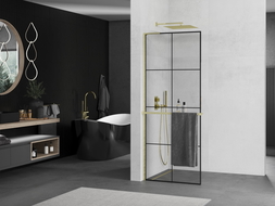 Mexen Kioto+ L paroi de douche avec étagère Walk-in 90 x 200 cm, grille noire, doré brossé - 800-090-123-55-77