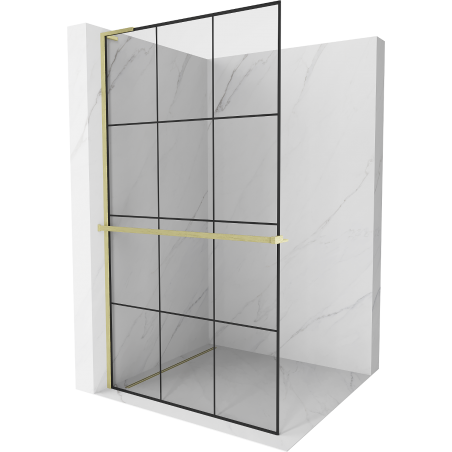 Mexen Kioto+ L Duschwand mit Ablage Walk-in 100 x 200 cm, schwarzes Raster, gebürstetes Gold - 800-100-123-55-77