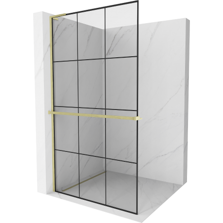 Mexen Kioto+ L ścianka prysznicowa z półką Walk-in 120 x 200 cm, czarna kratka, złota szczotkowana - 800-120-123-55-77