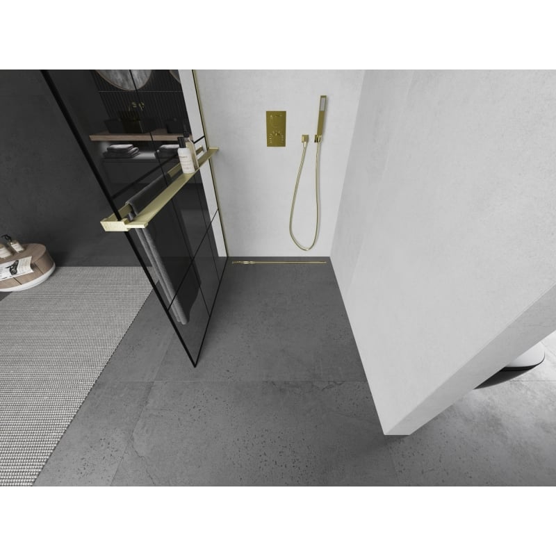 Mexen Kioto+ L shower wall with shelf Walk-in 120 x 200 cm, black grid, brushed gold - 800-120-123-55-77