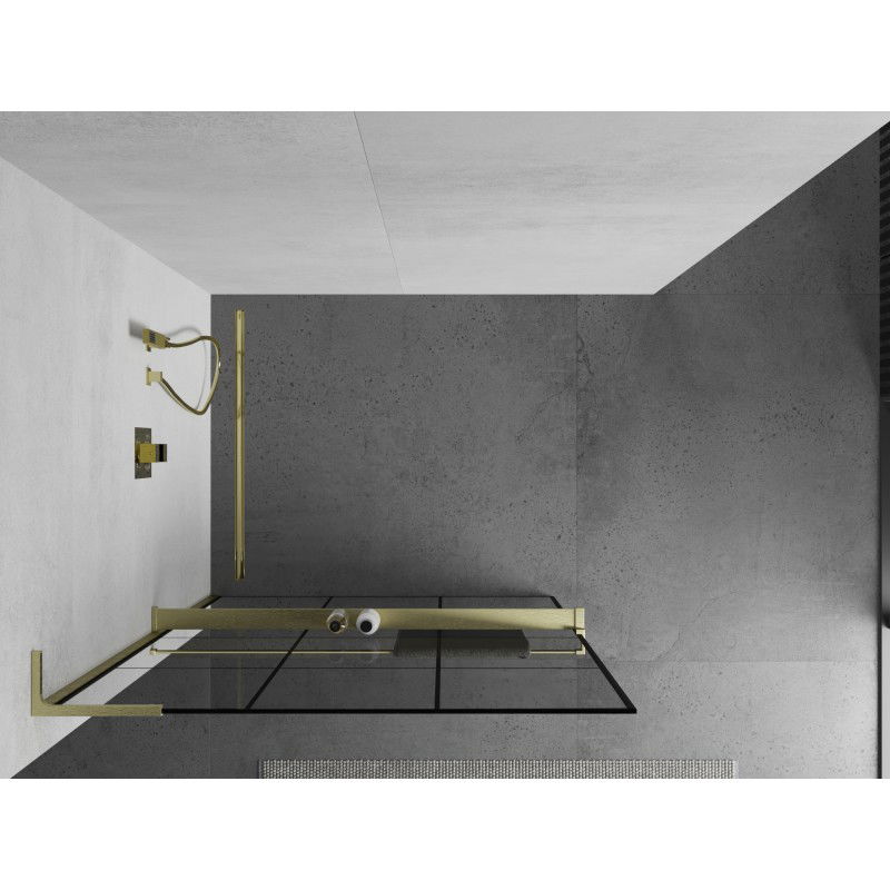 Mexen Kioto+ L Duschwand mit Ablage Walk-in 120 x 200 cm, schwarzes Gitter, gebürstetes Gold - 800-120-123-55-77