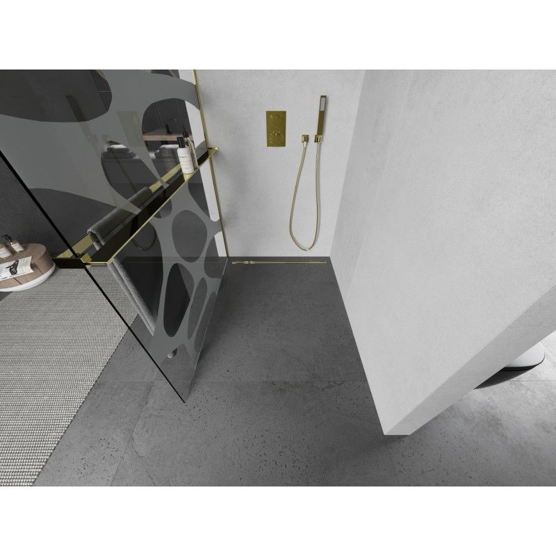 Mexen Kioto+ L Γυάλινος τοίχος ντους με ράφι Walk-in 70 x 200 cm, λευκό κύμα, χρυσό
