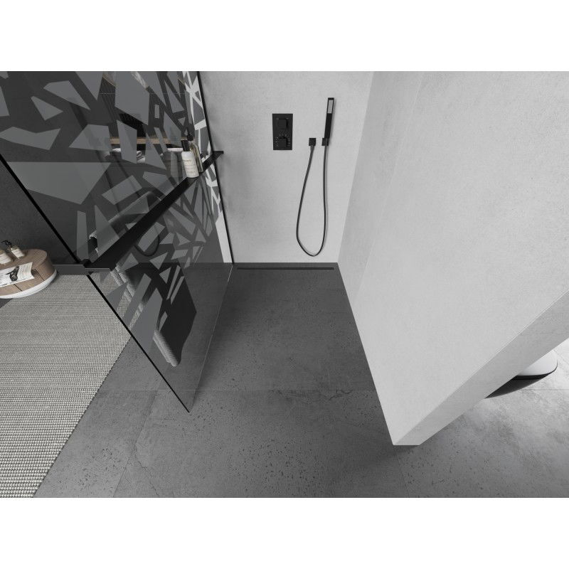 Mexen Kioto+ L douchewand met plank Walk-in 90 x 200 cm, wit patroon, zwart - 800-090-123-70-85