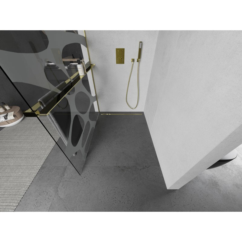 Mexen Kioto+ L Πάνελ ντους με ράφι Walk-in 100 x 200 cm, λευκό κύμα, χρυσό - 800-100-123-50-97