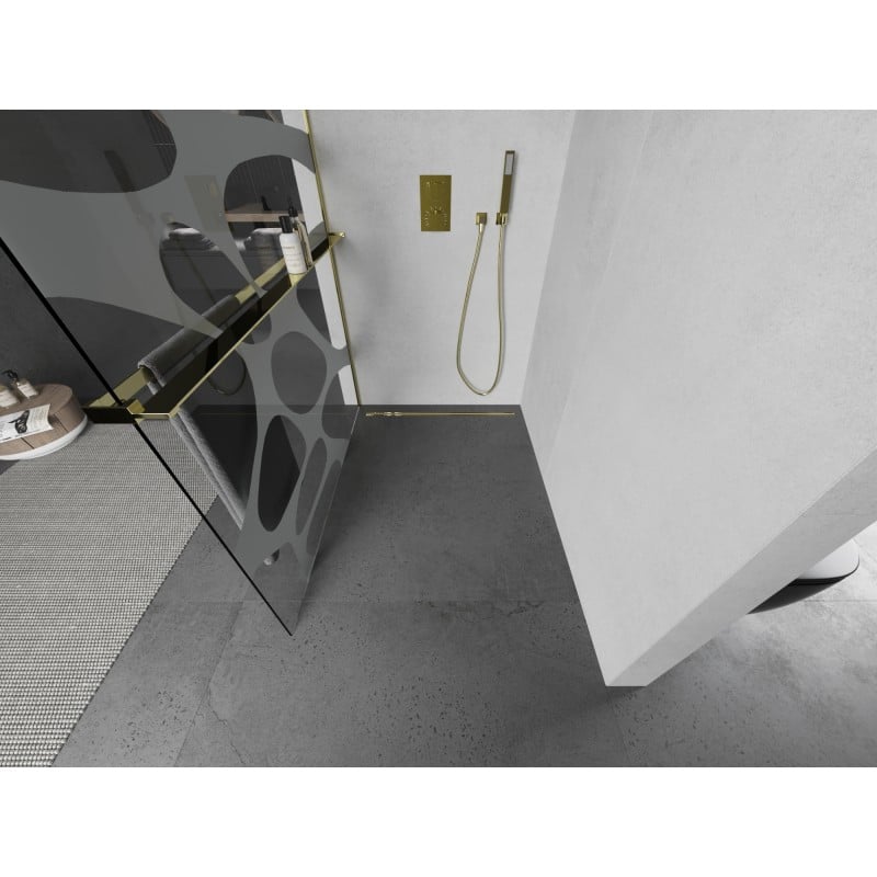 Mexen Kioto+ L mampara de ducha con estante Walk-in 110 x 200 cm, onda blanca, dorada - 800-110-123-50-97