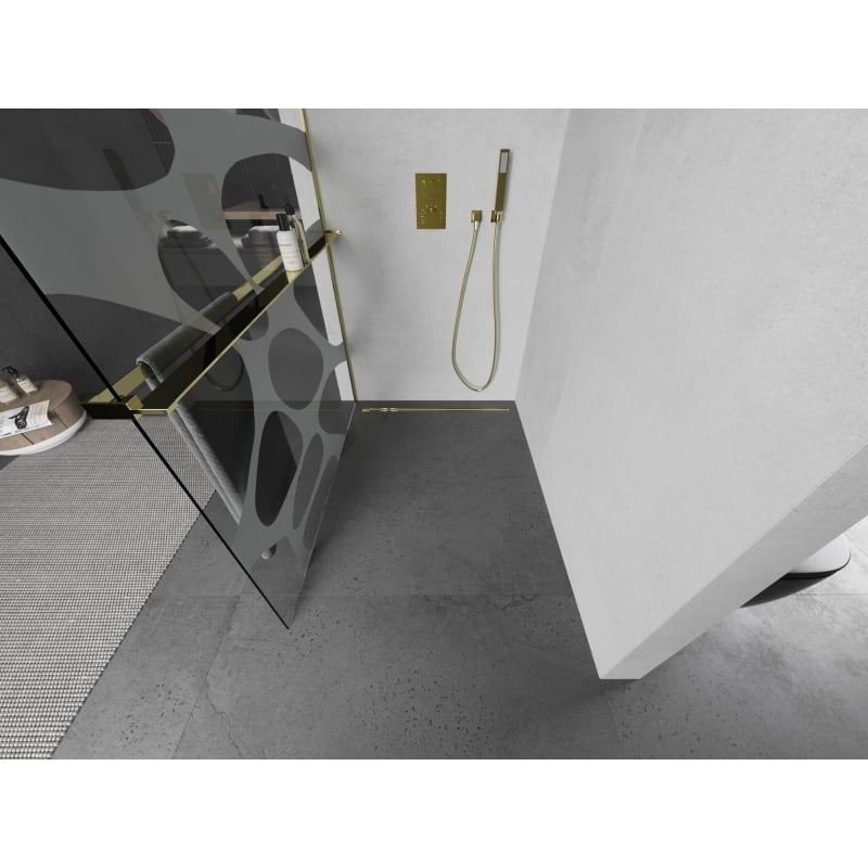 Mexen Kioto+ L ścianka prysznicowa z półką Walk-in 120 x 200 cm, biała fala, złota - 800-120-123-50-97