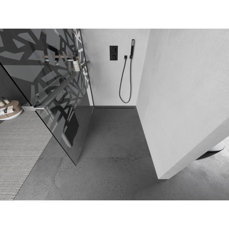 Mexen Kioto+ L ścianka prysznicowa z półką Walk-in 100 x 200 cm, biały wzór, gun gray szczotkowany - 800-100-123-66-85