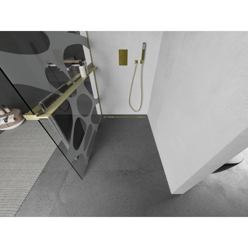 Mexen Kioto+ L tuš pregrada s polico Walk-in 100 x 200 cm, bela vala, zlata krtačena - 800-100-123-55-97