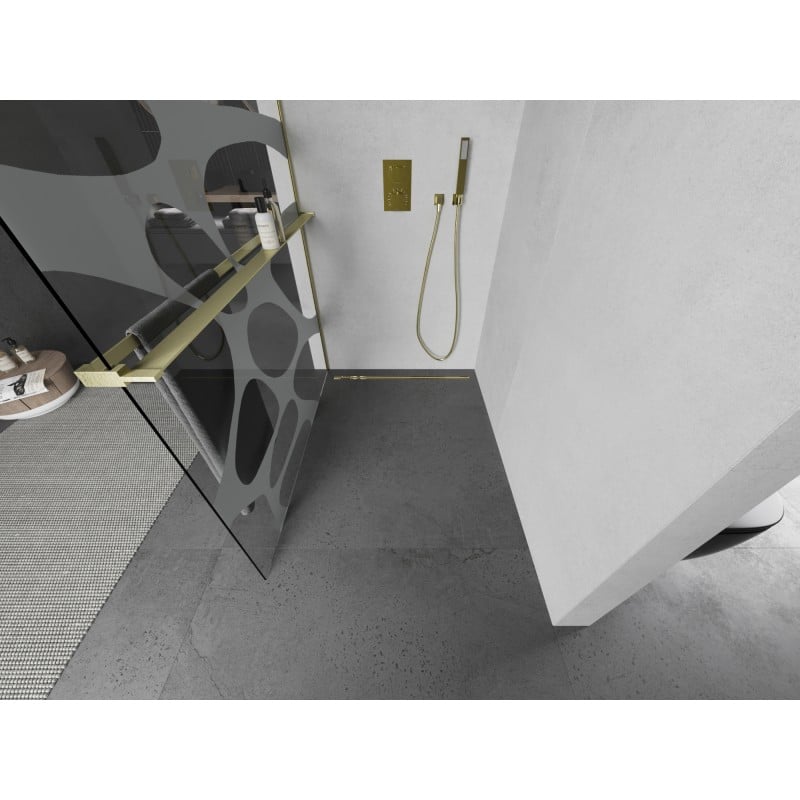 Mexen Kioto+ L parede de duche com prateleira Walk-in 110 x 200 cm, onda branca, dourado escovado - 800-110-123-55-97