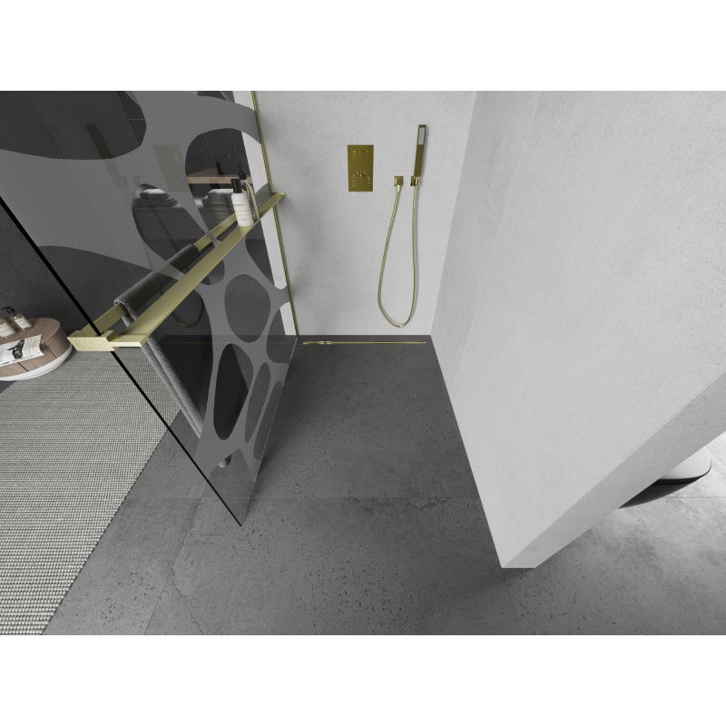 Mexen Kioto+ L duschvägg med hylla Walk-in 120 x 200 cm, vit våg, borstade guld - 800-120-123-55-97