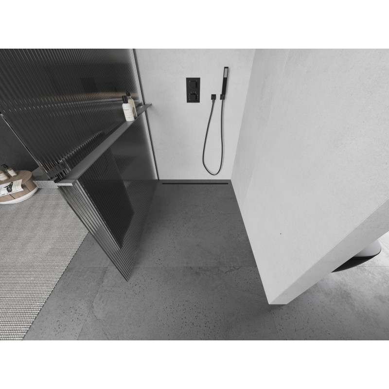 Mexen Kioto+ Walk-in shower wall with shelf 130 x 200 cm, stripes, brushed gun gray - 800-130-121-66-09