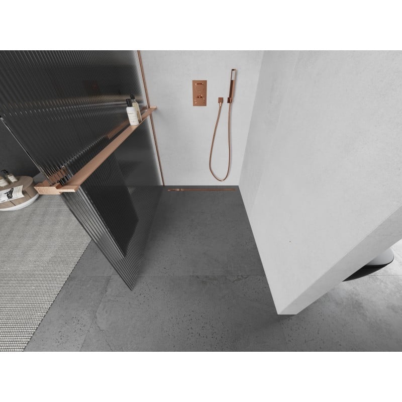 Mexen Kioto+ paroi de douche avec étagère Walk-in 80 x 200 cm, rayures, cuivre brossé - 800-080-121-65-09