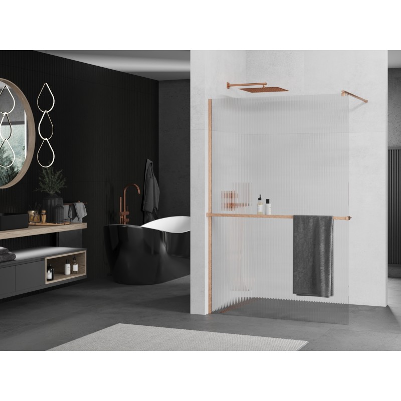 Mexen Kioto+ ścianka prysznicowa z półką Walk-in 80 x 200 cm, prążki, miedź szczotkowana - 800-080-121-65-09