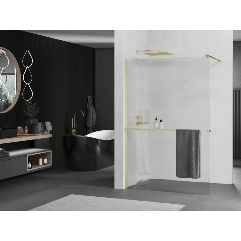 Mexen Kioto+ ścianka prysznicowa z półką Walk-in 120 x 200 cm, prążki, złota szczotkowana - 800-120-121-55-09